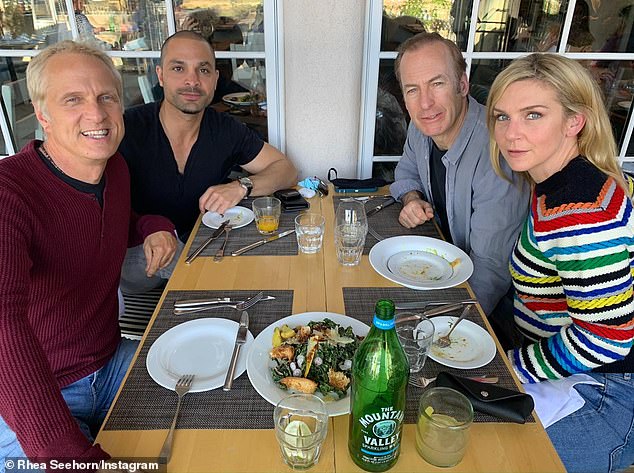 Odenkirk added: “But I fell.  And I was very lucky that my co-stars Rhea Seehorn (right, pictured December 7) and Patrick Fabian (left) were very close.”