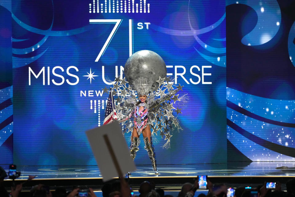 NEW ORLEANS, LOUISIANA - JANUARY 11: Miss USA, R'bonney Gabriel takes the stage during the 71st Miss Universe Competition National Costume Show at the New Orleans Morial Convention Center on January 11, 2023 in New Orleans, Louisiana.  (Photo by Josh Brasted/Getty Images)