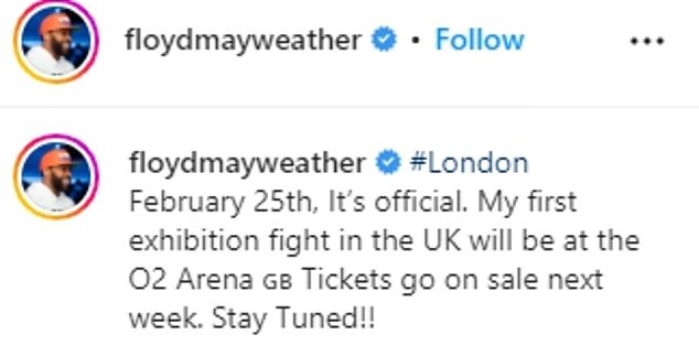 Mayweather, 46, had confirmed the news with a poster of the fight just hours earlier