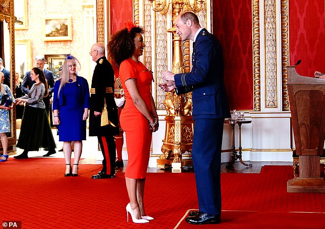 Investiture: The Spice Girl, 47, revealed how bandmate Posh, 48, designed her dress for an investiture ceremony at Buckingham Palace last year, and joked that Victoria sewed them up on purpose when it came to her outfit