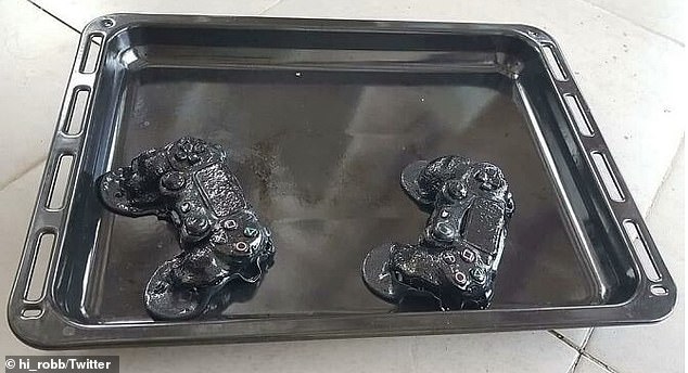 Moron!  A father who decided to hide his kids' PS4 controllers in the oven for them to go to bed, but his wife unknowingly turned on the oven the next day and melted them
