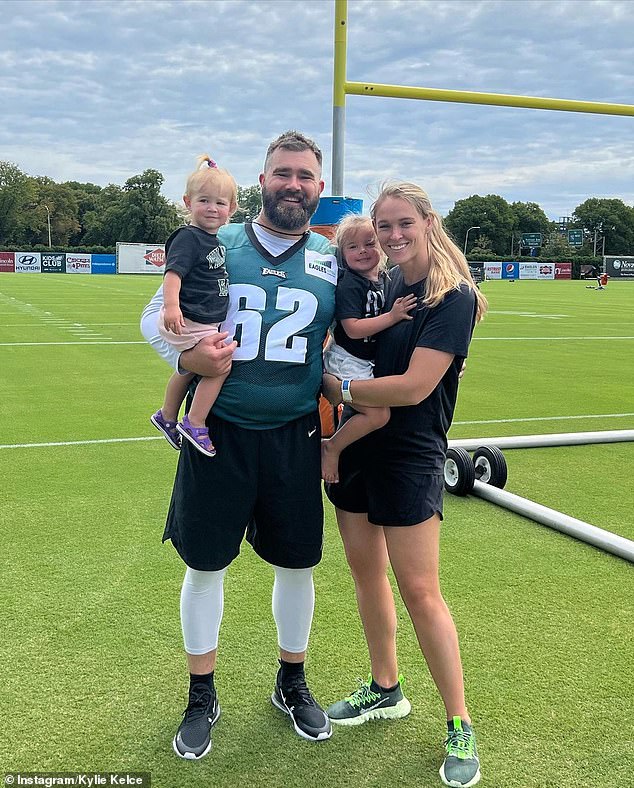 Wyatt is Kelce's first child and was not yet born when he and the Eagles won their only Super Bowl against the New England Patriots in February 2018.  On Sunday, Eagles fans gave encouragement to Kelce's parenting along with that of his wife Kylie McDevitt (right)