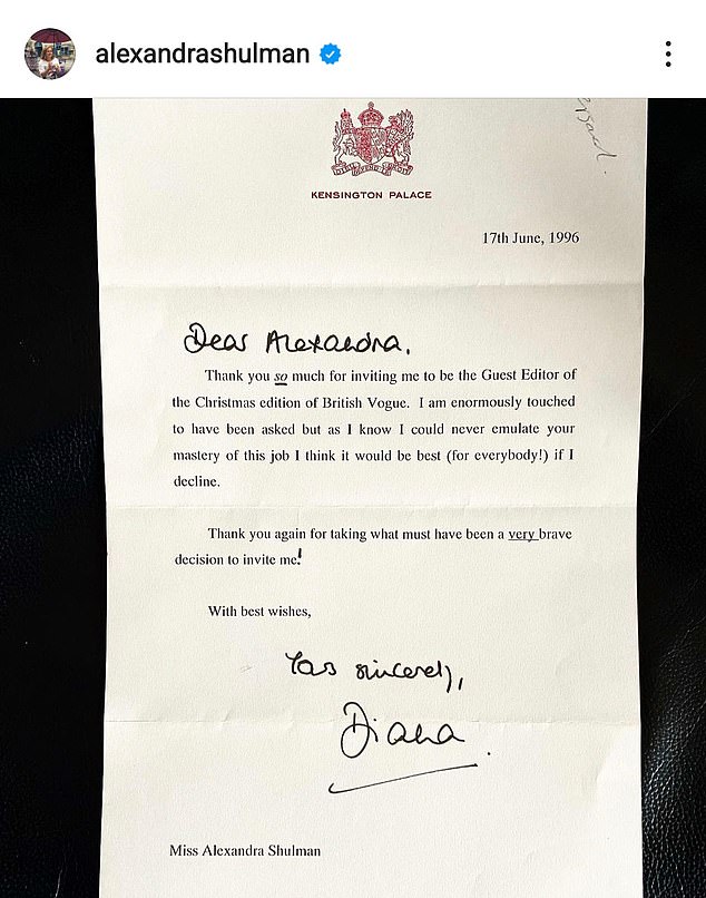 Former Vogue editor Alexandra Shulman has revealed that Princess Diana turned down the chance to take the helm and shared the rejection letter on Instagram