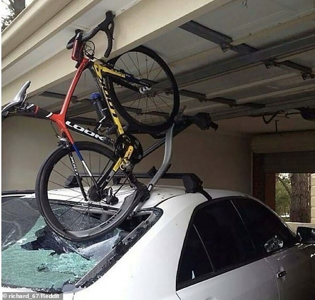 Bad day: Social media users from around the world have been capturing their most painful accidents and Bored Panda has rounded up the best in one hilarious gallery, including someone in California who forgot his £4,000 bike on the car's roof rack lay as he parked in the garage