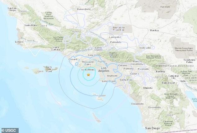 Pictured: A map showing where the earthquake occurred near Los Angeles.  According to warnings, the earthquake struck almost 2 a.m. Wednesday, 28 miles southwest of Los Angeles and about 10 miles south off the coast of Malibu