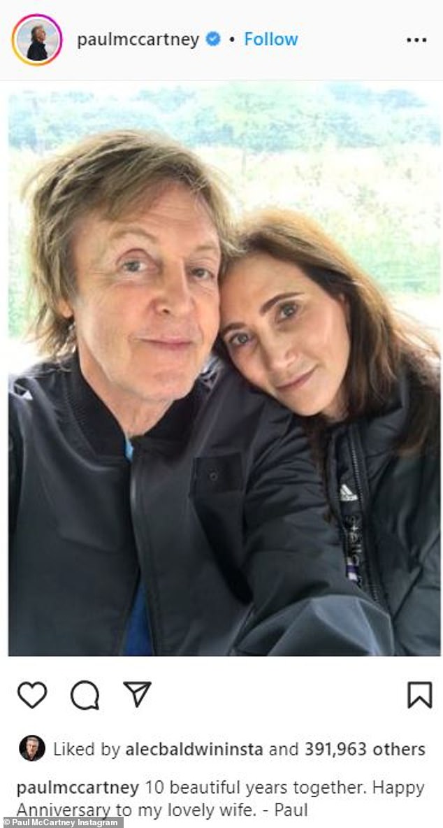 Declaration of love: The Beatles legend has also gone public by showering sweet sentiments on her wife on their wedding day