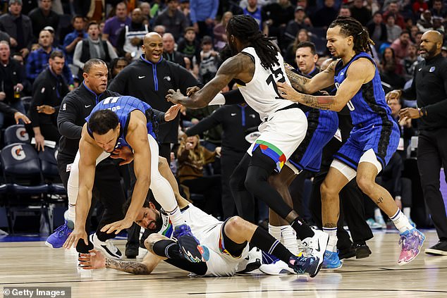 Rivers was thrown to the ground, as was teammate Taurean Prince (second from right).