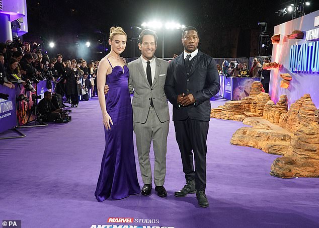 Cast: (left to right) Kathryn Newton, Paul Rudd and Jonathan Majors at the gala screening of Ant-Man and the Wasp: Quantumania at the BFI Imax Waterloo