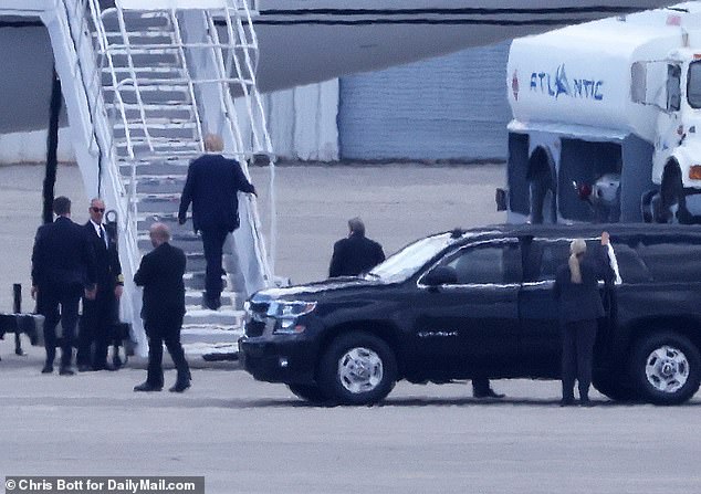 In exclusive images from , Trump was seen boarding his Trump-branded Boeing 757 hours after he ranted online against New York prosecutors who are expected to soon indict him for hush-hush money to Stormy Daniels to keep their alleged affair secret to keep