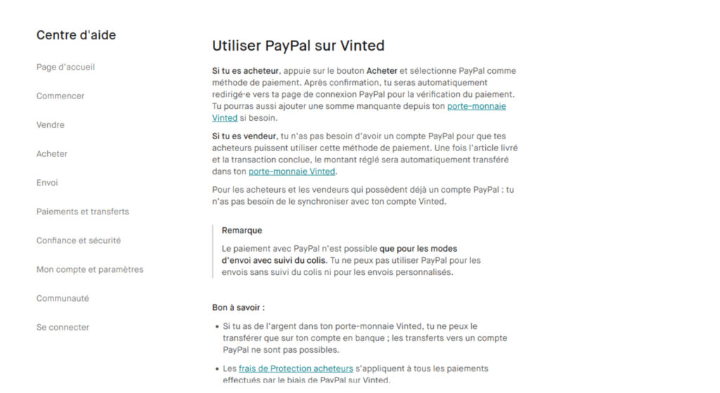The PayPal information page has disappeared from the Vinted website.  // Source: Screenshot