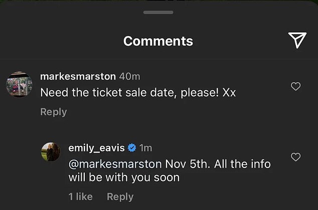 Answer: Festival organizer Michael Eavis' daughter and co-organizer Emily Eavis responded to a comment on Instagram and announced that tickets will go on sale November 5th