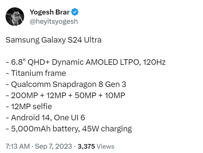 Technical data sheet for the Yogesh Brar Galaxy S24 Ultra