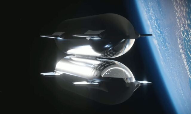 Artistic illustration of two spaceships docked belly-to-belly in orbit. 
