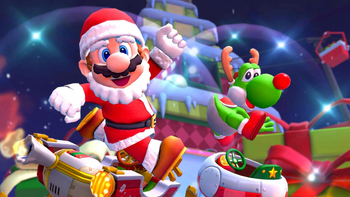 Видео игры новогодней. Марио Санта. Марио с новым годом. Марио Рождество. Mario Kart Tour.